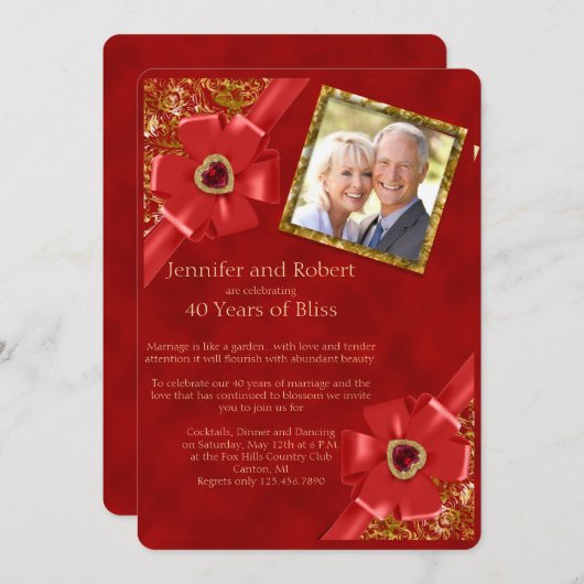 Uitnodiging 40-jarig huwelijksfeest rood en goud (Voorkant / Achterkant)