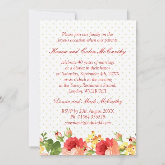 Uitnodiging 40-jarig huwelijksjubileum met rode ro (Achterkant)