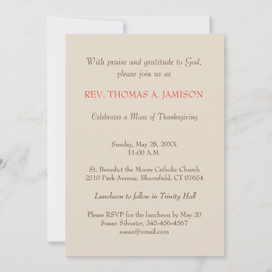 Uitnodiging, 40e Jubileum van Ordinatie Zegen Kaart (Achterkant)