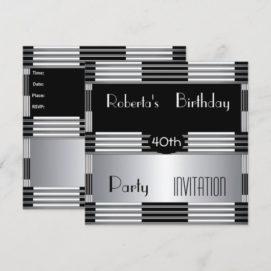 Uitnodiging 40e verjaardag Art Deco Black Silv (Voorkant / Achterkant)