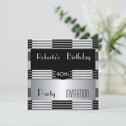 Uitnodiging 40e verjaardag Art Deco Black Silv (Staand voorkant)