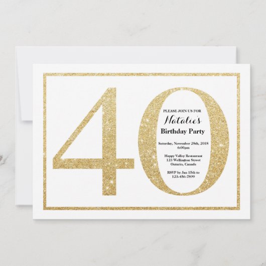 Uitnodiging 40e verjaardag gouden glitter (Voorkant)