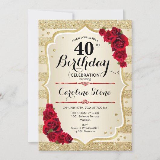 Uitnodiging 40e verjaardag - Gouden strepen rozen (Voorkant)