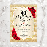 Uitnodiging 40e verjaardag - Gouden strepen rozen<br><div class="desc">Uitnodiging voor 40e verjaardag. Elegant ontwerp in goud en rood. Kenmerken namaak glans gouden strepen,  rode rozen stijlvolle script lettertype en confetti. Perfect voor een glamoureuze verjaardagsfeest.</div>
