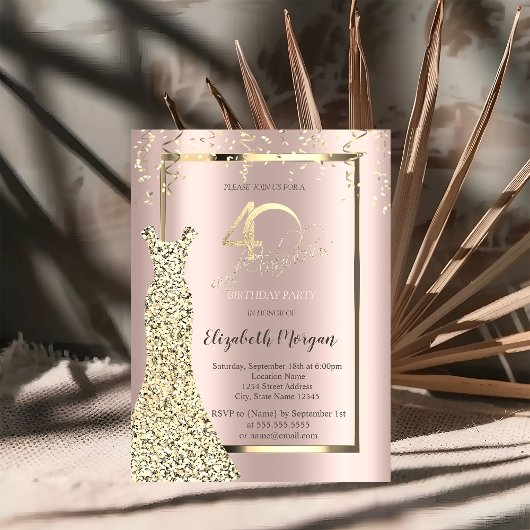 Uitnodiging 40e verjaardag met lovertjes jurk roze