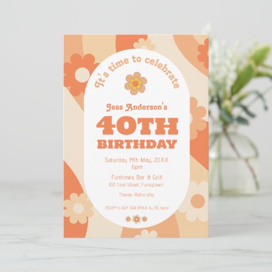 Uitnodiging - 40e verjaardag - retro perzik pastel (Staand voorkant)