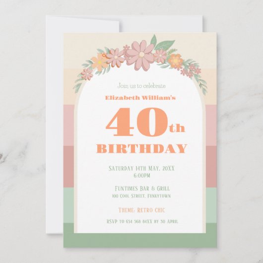 Uitnodiging - 40e verjaardag - retro roze bloemenm (Voorkant)