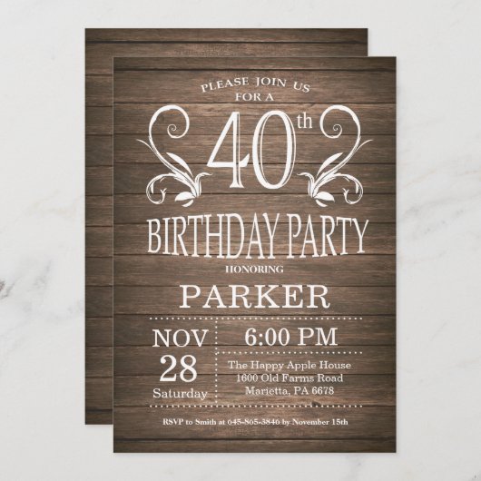 Uitnodiging 40e verjaardag Rustieke hout bloem (Voorkant / Achterkant)