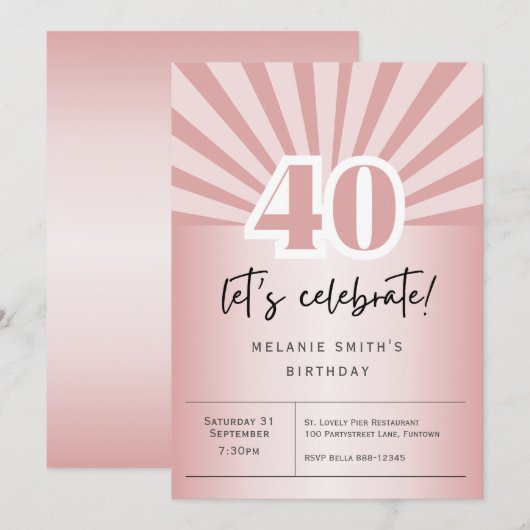 Uitnodiging 40e verjaardagsfeestje, retro roos gou (Voorkant / Achterkant)