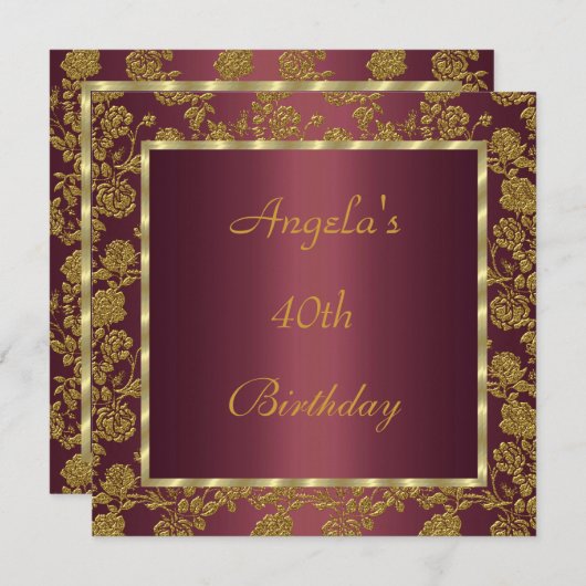 uitnodiging 40th Birthday gold Burgundy floral (Voorkant / Achterkant)