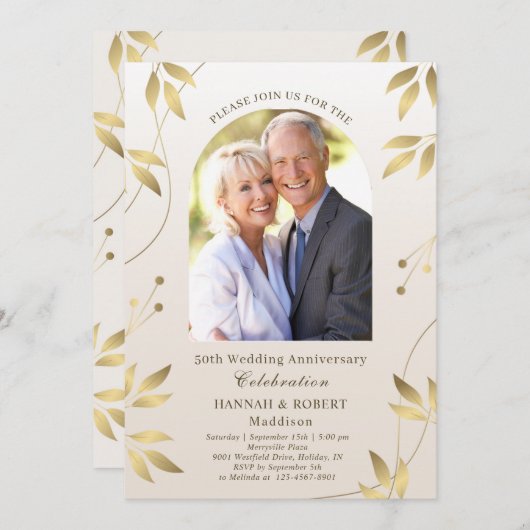 Uitnodiging 50-jarig huwelijksfeest met gouden bla (Voorkant / Achterkant)