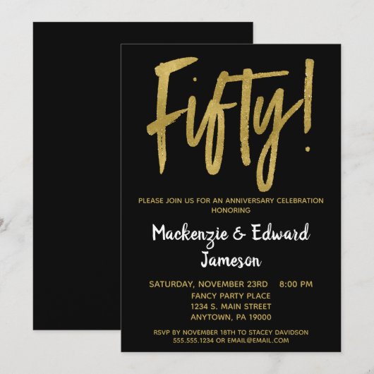 Uitnodiging 50-jarig jubileum Black Gold Script (Voorkant / Achterkant)