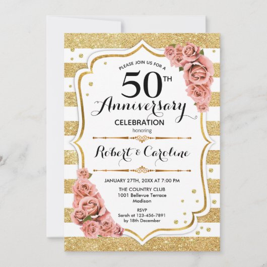 Uitnodiging 50-jarig jubileum - Gouden roze rozen (Voorkant)