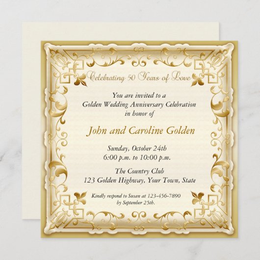 Uitnodiging 50-jarig jubileum in sierlijk goud (Voorkant / Achterkant)