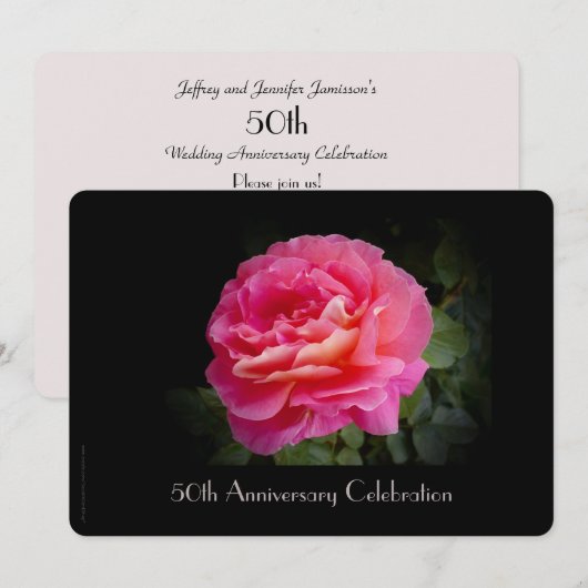 Uitnodiging 50-jarig jubileum Roze roos (Voorkant / Achterkant)