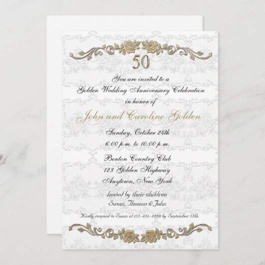 Uitnodiging 50-jarig jubileum rozenrand wit (Voorkant / Achterkant)