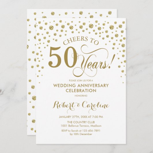 Uitnodiging 50-jarig jubileumfeest goud-wit (Voorkant / Achterkant)