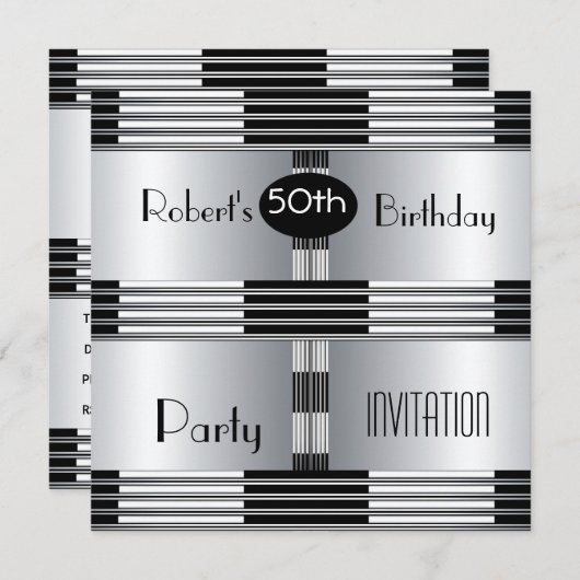 Uitnodiging 50e verjaardag Art Deco Black Chrome (Voorkant / Achterkant)