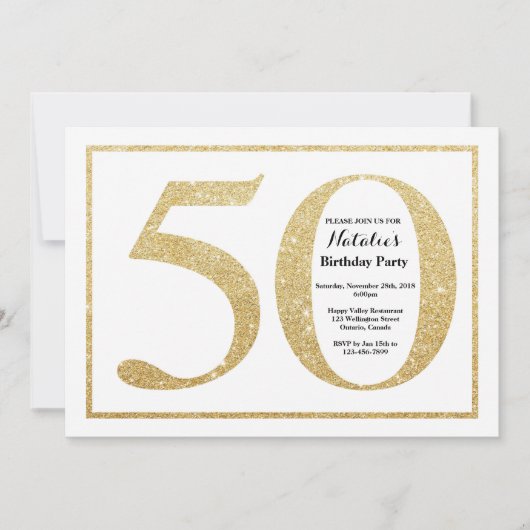 Uitnodiging 50e verjaardag gouden glitter (Voorkant)