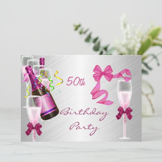 Uitnodiging 50e verjaardag Partij Roze (Staand voorkant)