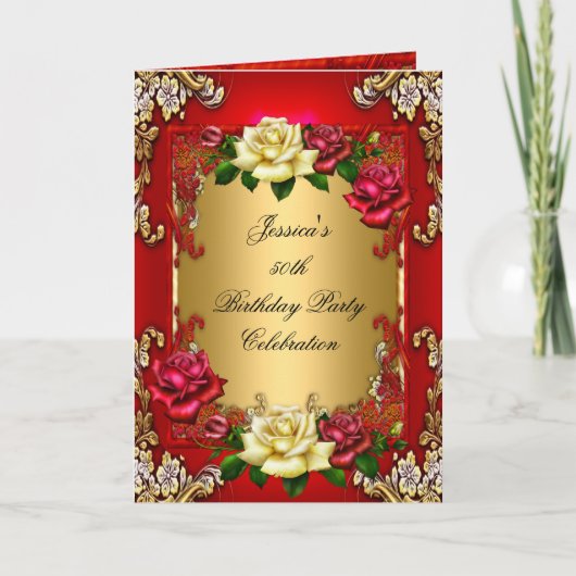 Uitnodiging 50e verjaardag Red Gold Roos (Voorkant)