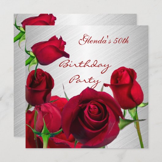 Uitnodiging 50e verjaardag Rode rozen White (Voorkant / Achterkant)