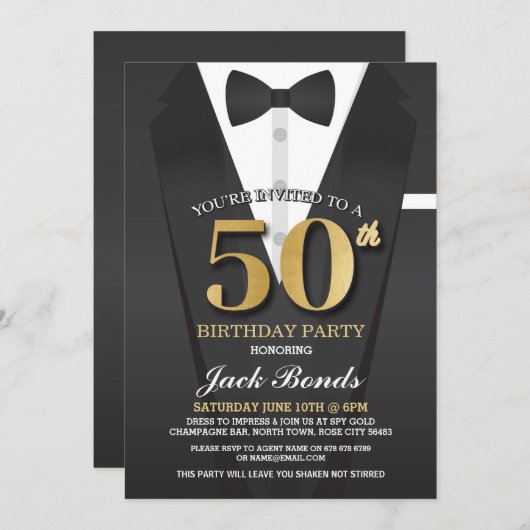 Uitnodiging 50e verjaardag Spion in smoking goud (Voorkant / Achterkant)