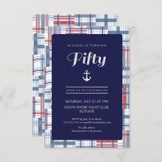 Uitnodiging 50e verjaardag - Vijftig, Nautical Sum (Voorkant / Achterkant)