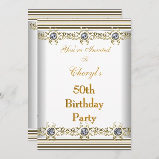 Uitnodiging 50e verjaardag White Silver Gold (Voorkant / Achterkant)