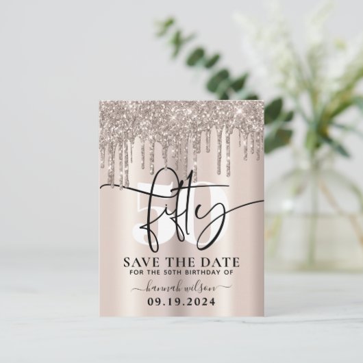 Uitnodiging 50e Verjaardagsfeest Glitterende Save (Staand voorkant)