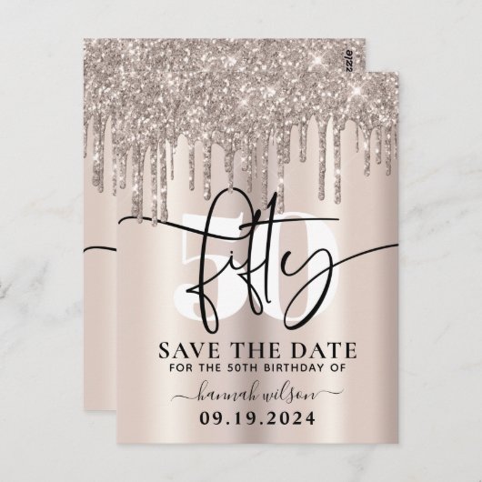 Uitnodiging 50e Verjaardagsfeest Glitterende Save (Voorkant / Achterkant)