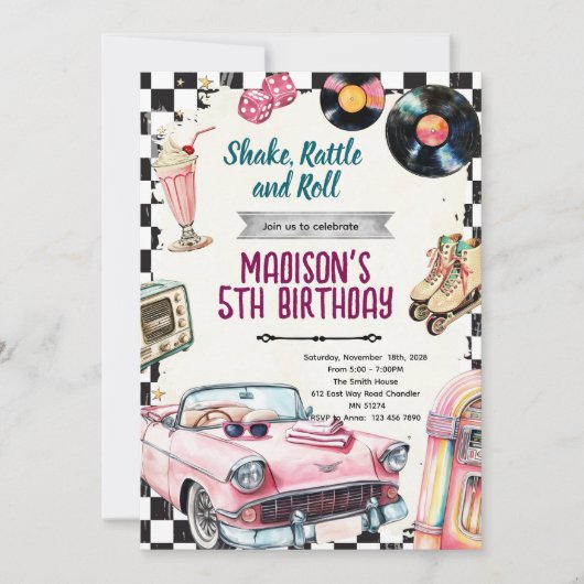 Uitnodiging 50s retro verjaardagsfeestje (Voorkant)