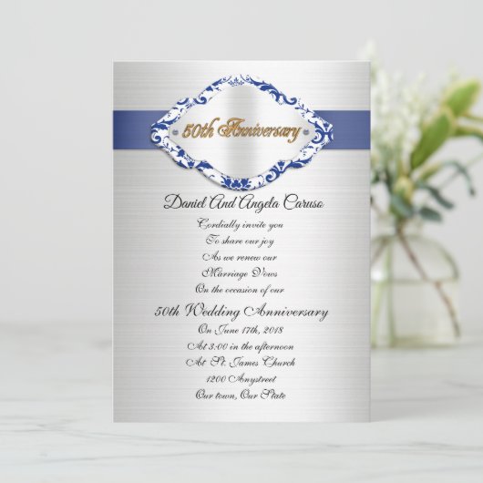 Uitnodiging 50ste huwelijksverjaardag blauw en wit (Staand voorkant)