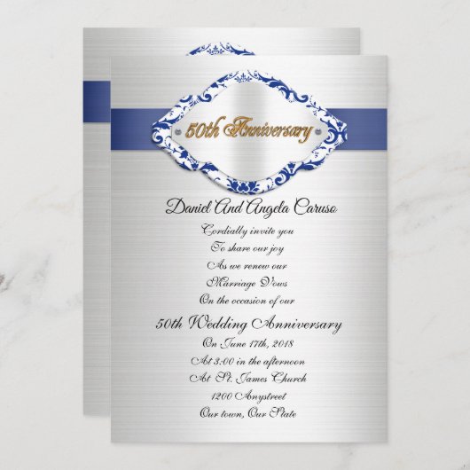 Uitnodiging 50ste huwelijksverjaardag blauw en wit (Voorkant / Achterkant)