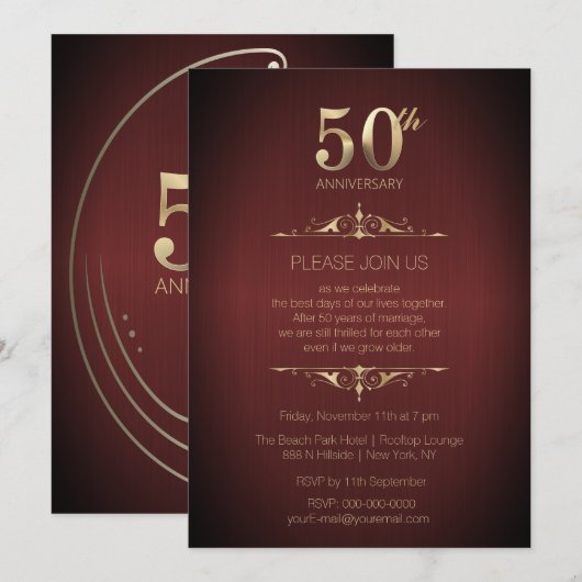 Uitnodiging 50ste huwelijksverjaardag rood (Voorkant / Achterkant)