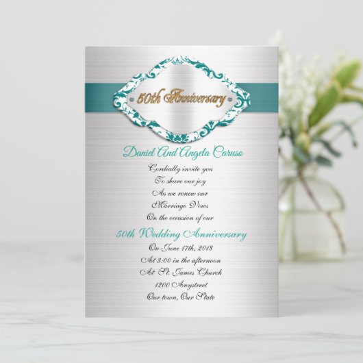 Uitnodiging 50ste huwelijksverjaardag teal satijn (Staand voorkant)