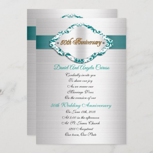 Uitnodiging 50ste huwelijksverjaardag teal satijn (Voorkant / Achterkant)