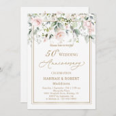 Uitnodiging 50ste huwelijksverjaardag witte roze r (Voorkant / Achterkant)
