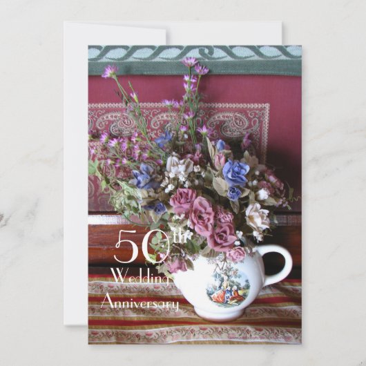 Uitnodiging 50ste trouwjubileum vintage theepot (Voorkant)