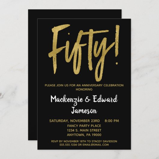 Uitnodiging 50ste verjaardag Black Gold Script (Voorkant / Achterkant)