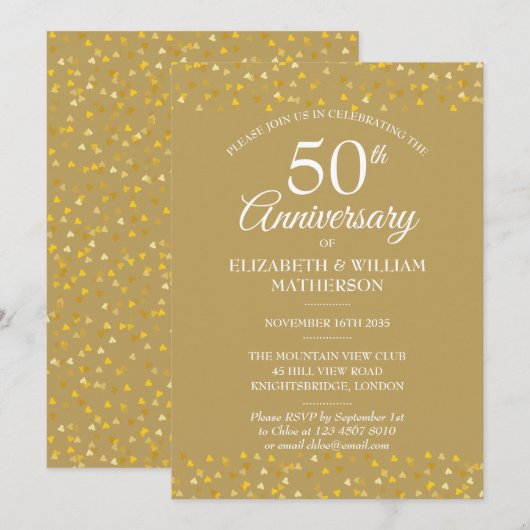 Uitnodiging 50ste Verjaardag Gouden Hartjes (Voorkant / Achterkant)