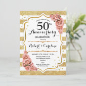 Uitnodiging 50ste verjaardag - Gouden Roze Rozen (Staand voorkant)