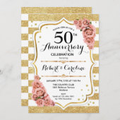 Uitnodiging 50ste verjaardag - Gouden Roze Rozen (Voorkant / Achterkant)