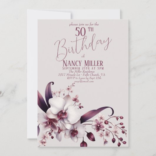 Uitnodiging 50ste verjaardag met orchideeën bloeme (Voorkant)