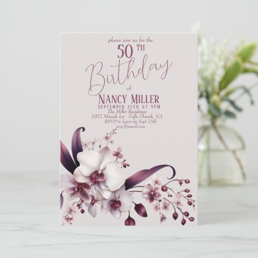Uitnodiging 50ste verjaardag met orchideeën bloeme (Staand voorkant)