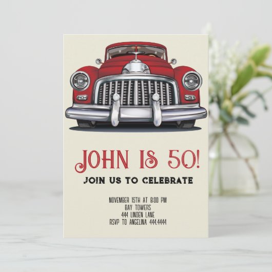 Uitnodiging 50ste verjaardag retro auto (Staand voorkant)