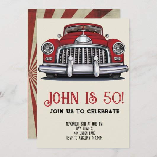 Uitnodiging 50ste verjaardag retro auto (Voorkant / Achterkant)