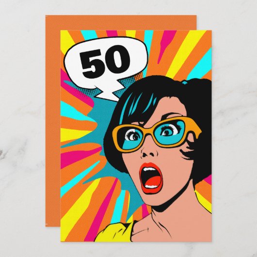 Uitnodiging 50ste verjaardag verraste vrouw pop ku (Voorkant / Achterkant)