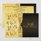 Uitnodiging 50ste verjaardag zwart en goud bloemmo (Voorkant / Achterkant)