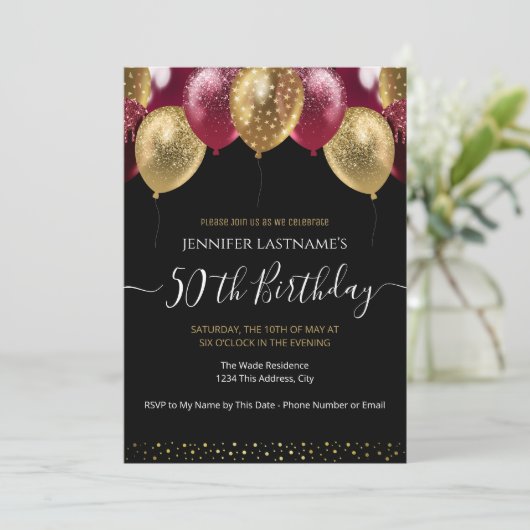 Uitnodiging 50ste verlichting rood en goud (Staand voorkant)